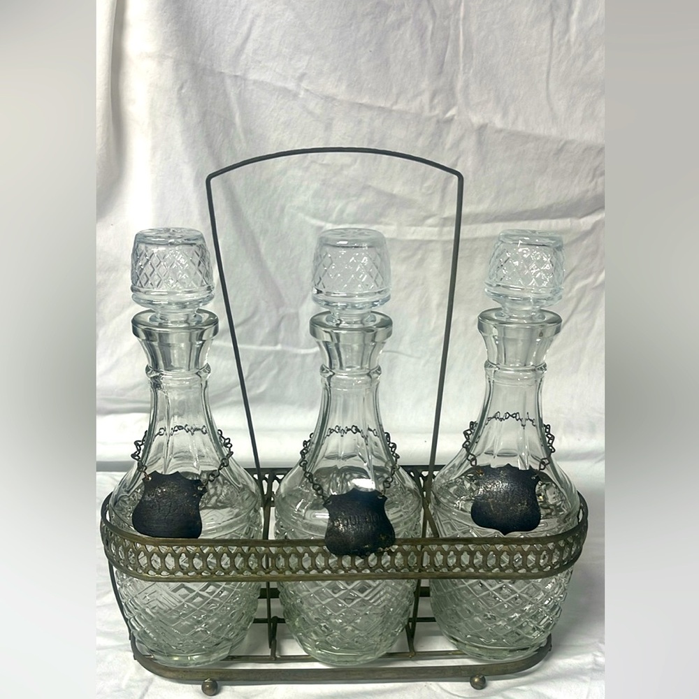 Vintage  Pressed Glass 4 Piece Liquor Decanter Set w/Stoppers and caddy